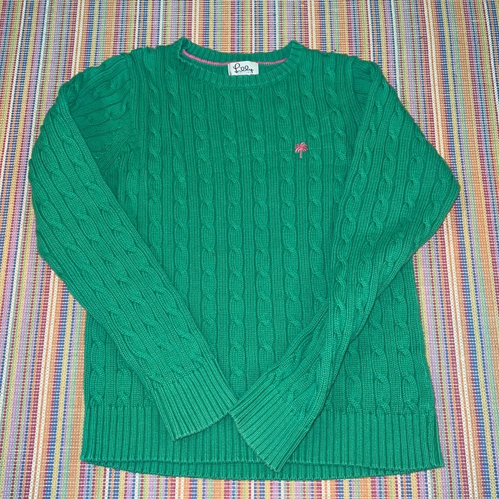 Lilly Pulitzer Modern Y2K White Label Kelly Green Cotton Cable Knit Sweater M